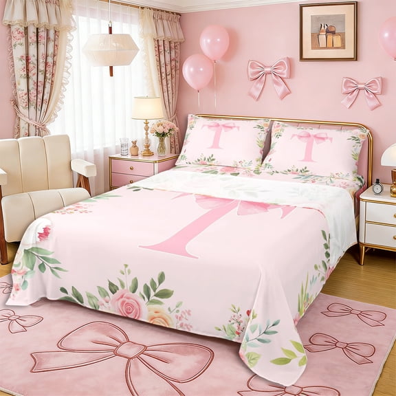 Erosebridal Pink Bowknot Personalized Initial T Bed Sheets 4pcs,Spring Garden Flowers Roses King Sheets,Microfiber Bedroom Decor