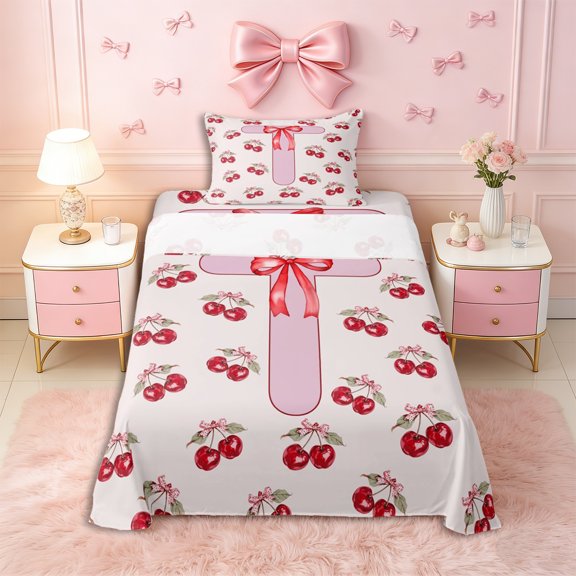 Erosebridal Pink Bowknot Personalized Initial T Twin Sheet Sets 3pcs,Cartoon Cherry Bow Knot Bedding,Ultra Soft Home Decor