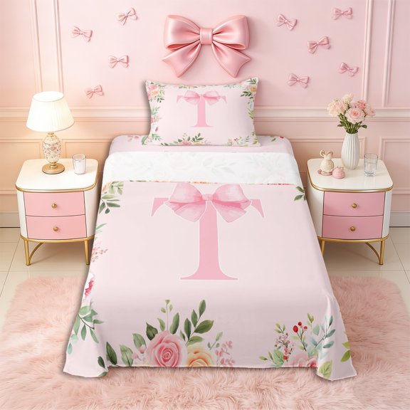 Erosebridal Pink Bowknot Personalized Initial T Twin Sheet Sets 3pcs,Spring Garden Flowers Roses Bedding,Microfiber Bedroom Decor