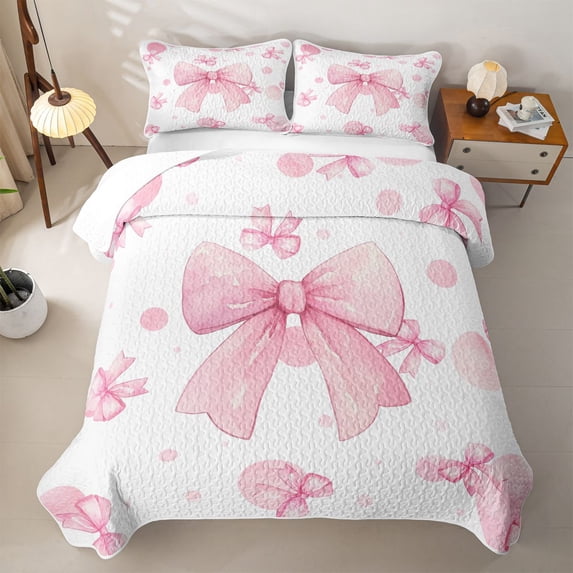 Erosebridal Pink Bowknot Quilt King,Kawaii Round Spots King Coverlet Set For Girls,3 Pieces