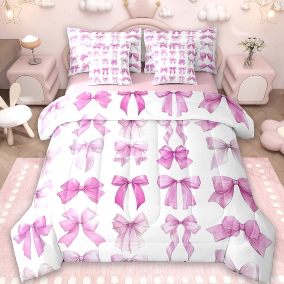 Erosebridal Pink Bowknot Ribbon 7-Piece Twin Bedding Sets For Kids,Girls Princess Bowtie Bedding Comforter Set,Reversible pink