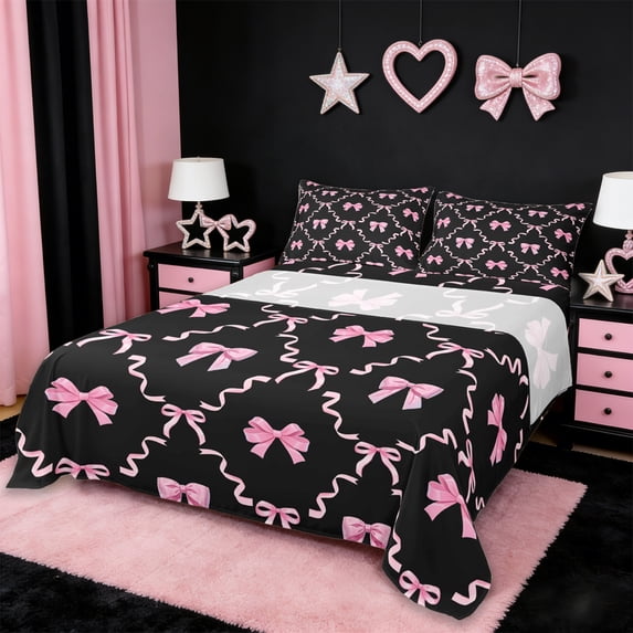 Erosebridal Pink Bowknot Ribbon Full Size Sheets For Kids,Cute Coquette Bowtie Girls Bed Sheets 4pcs