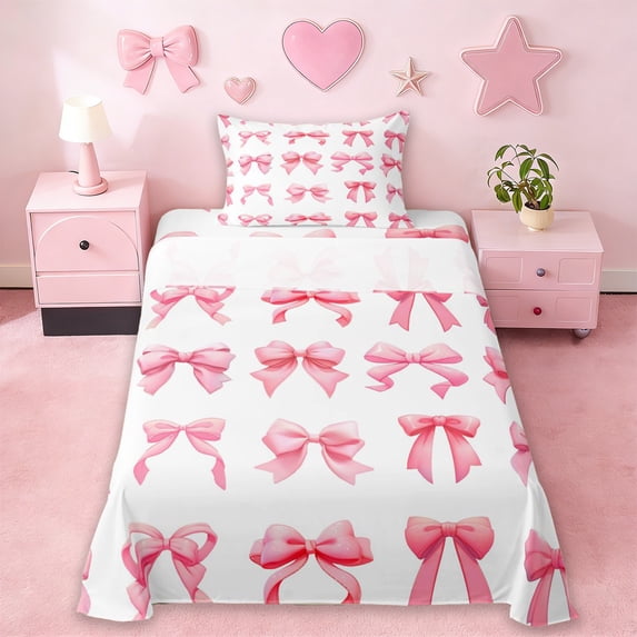 Erosebridal Pink Bowknot Twin Sheet Sets,Girls Cute Coquette Bowtie Bedding For Kids 3 Pieces