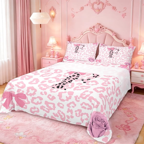 Erosebridal Pink Bowknot Wildlife Cheetah Print Queen Sheet Sets For Kids Girls,Chic Letter F Initial Bed Set 4-Piece