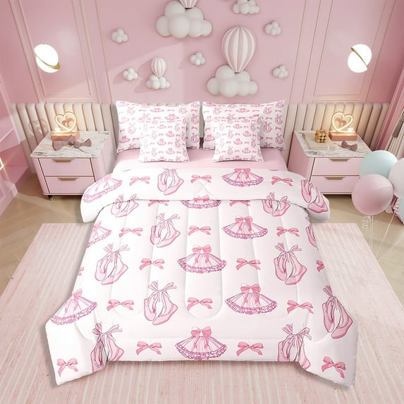 Erosebridal Pink Bowknots Comforter Set Twin Size 7 Pieces Comforters Cute Dancing Ballet Bedding Set Princess Style Bed Set Bed in a Bag with Comforter,Sheets,Pillowcases & Cushion Covers