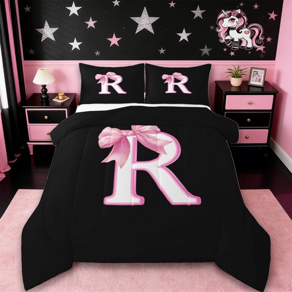 Erosebridal Pink Bows Alphabet R Queen Comforter Set,Girl Personalized Gifts Bedding Comforter Set For Teens,Reversible Black 3-Piece