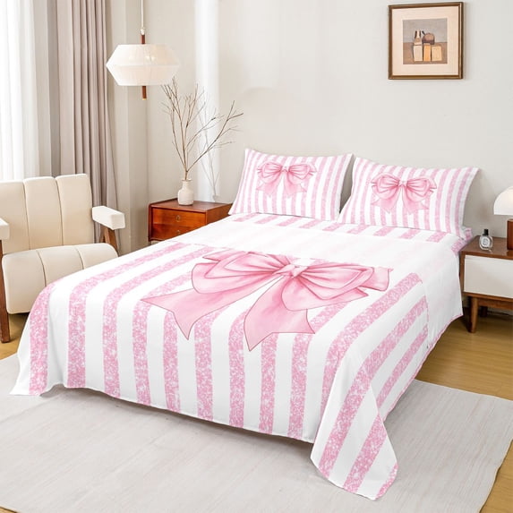 Erosebridal Pink Bows Bed Sheets For Girls,Dreamy Princess Bowknot Minimalist Geometric Lines King Sheets 4pcs