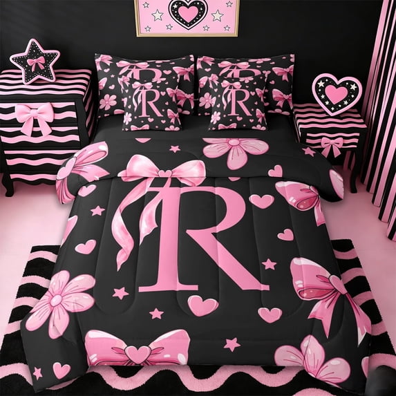 Erosebridal Pink Bows Girls 7-Piece Twin Bedding Sets,Letter R Monogrammed Bedding Comforter Set For Girls Kids,Reversible black