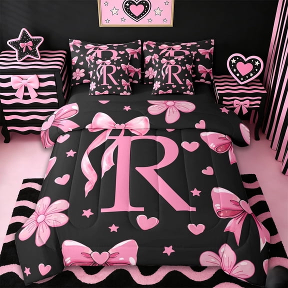 Erosebridal Pink Bows Girls 7-Piece Twin Bedding Sets,Letter R Monogrammed Bedding Comforter Set For Girls Kids,Reversible black