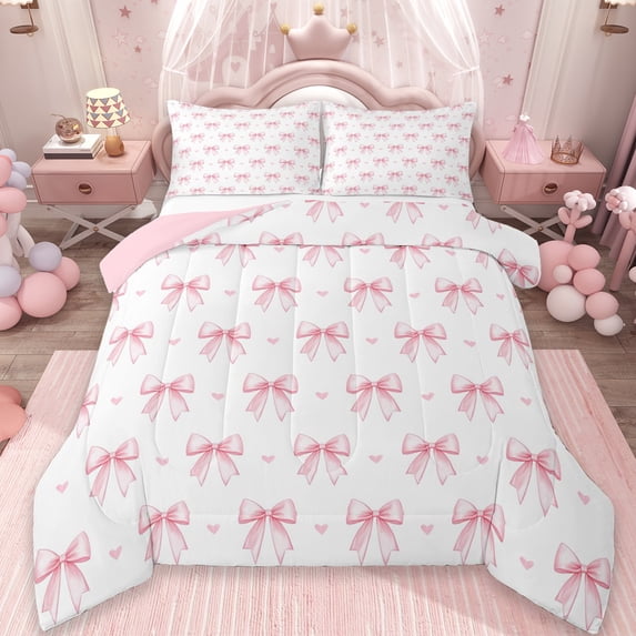 Erosebridal Pink Bows Queen Comforter Set For Girls,Dreamy Princess Style Bowknot Bedding Comforter Set,Cartoon Loves Pattern, Reversible 3 Pieces