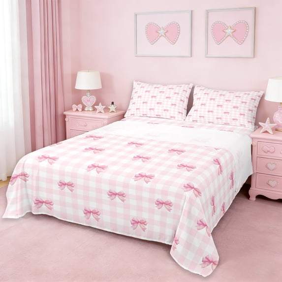 Erosebridal Pink Bowtie Girls Bed Sheets,Pink Classic Geometric Grid King Sheets For Kids 4-Piece