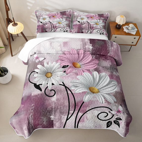 Erosebridal Pink Brush Stroke Floral Twin Quilt Set for Women Girls, Abstract Butterfly Print Twin Coverlet Set, 2pcs