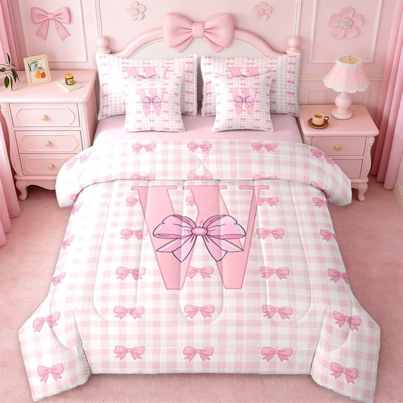 Erosebridal Pink Buffalo Grid 7pcs Bedding Comforter Set For Kids,Kawaii Bow Letter W Monogrammed Queen Bedding Sets,Pink Reversible