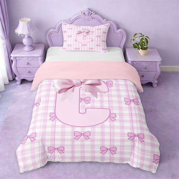 Erosebridal Pink Buffalo Plaid Twin Bedding For Kids,Cute Bow Letter C Monogrammed Duvet Cover Set For Bowknot Lover,Pink Reversible,2 Pieces(No Comforter)