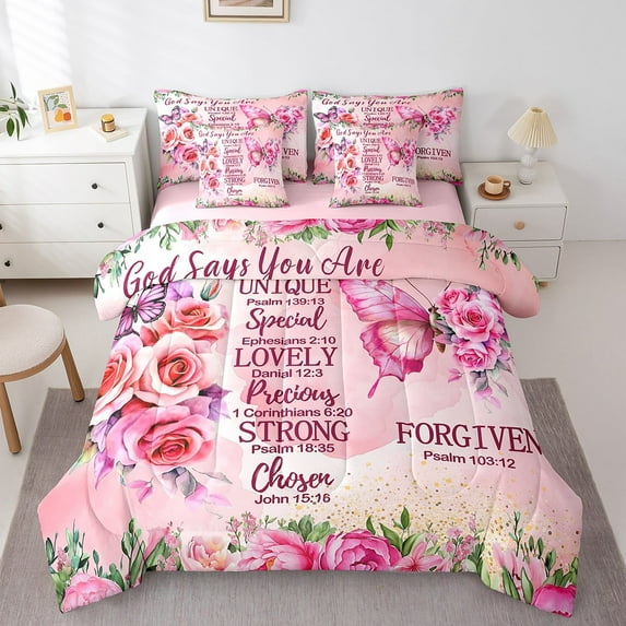 Erosebridal Pink Butterfly Bed in a Bag Twin size, Inspirational Quotes Bedding Sets, Rose Floral Decor, 7pcs