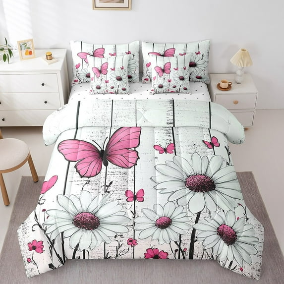 Erosebridal Pink Butterfly Bedding Queen Size For Teens,Floral Flower Bed in a Bag Queen size,Lodge Decoration,Reversible,Lightweight,7 Pieces