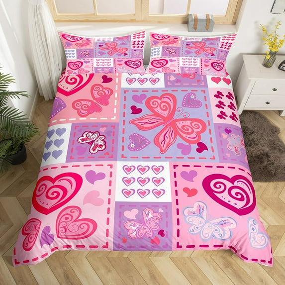 Erosebridal Pink Butterfly Duvet Cover Full,Colorful Heart Bedding Sets Full Size,Geometric Patchwork Buffalo Comforter Cover Full,Microfiber Bedroom Decor Reversible,3 Pieces(No Comforter)