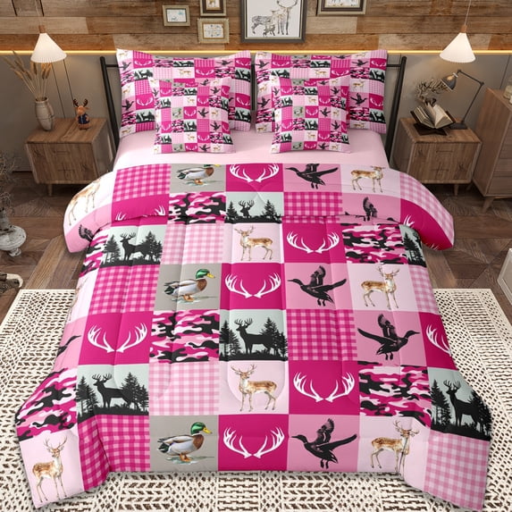 Erosebridal Pink Camo Grid 7-Piece Bedding Comforter Set,Rustic Mallard Duck Safari Deer King Bedding Sets For Girls Boys,Reversible