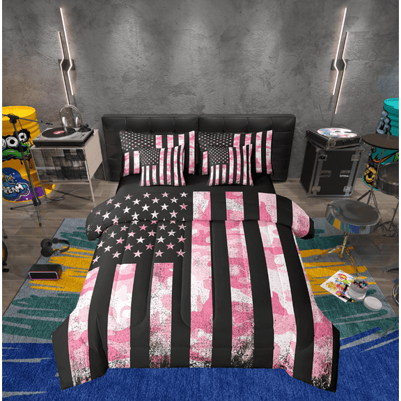 Erosebridal Pink Camouflage Bedding Sets Twin Size, Tie Dye Camo Comforter Sets with Sheets, Retro US Flag Decor, Reversible 7 Pieces
