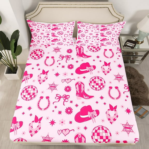 Erosebridal Disco Ball Bowknot Fitted Sheet Full,Weatern Boots Hat Bedding Set Full Size,Lightweight Fitted Sheet Set Full,80S 90S Decor,3-Piece(Fitted Sheet,Pillowcase)