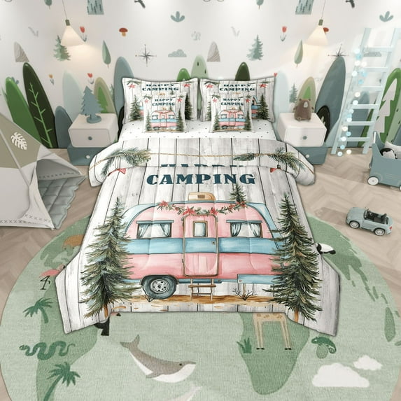 Erosebridal Pink Camper Car Bedding King Size, Happy Camping Comforter Sets with Sheets, Super Cozy Duvet Set, Bedroom Decor, Reversible 7-Piece
