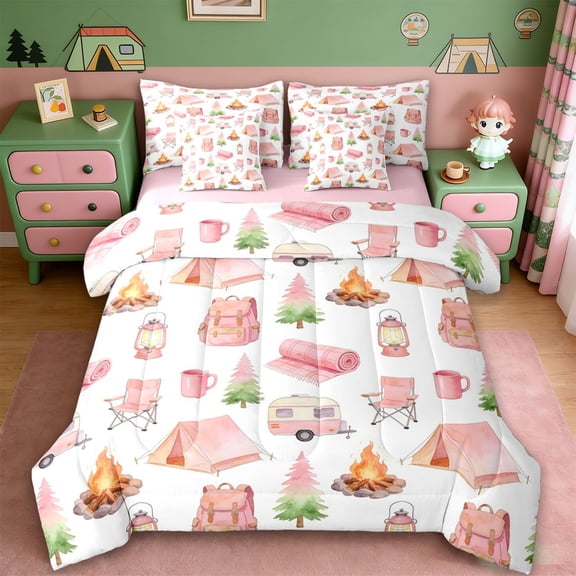 Erosebridal Pink Camping RV 7-Piece Twin Bedding Sets For Travel Trailers,Camper Adventure Bedding Comforter Set For Kids,Reversible pink