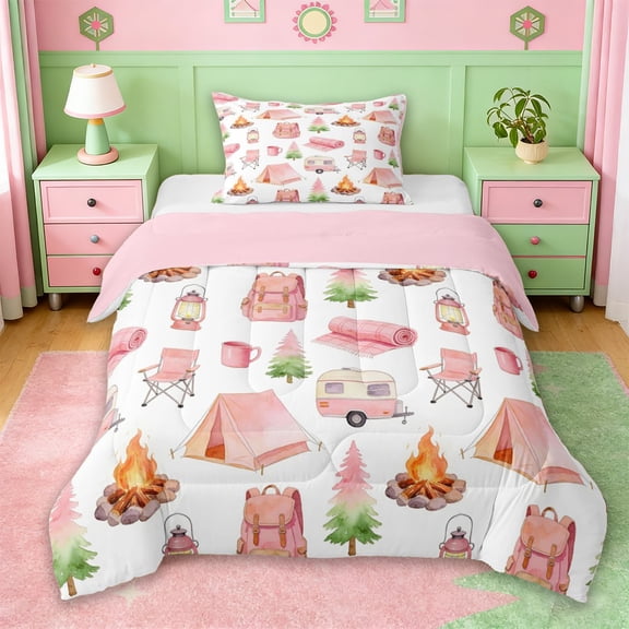 Erosebridal Pink Camping RV Twin Comforter Sets For Travel Trailers,Camper Adventure Bedding Set For Kids,Reversible pink,2pcs