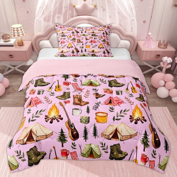 Erosebridal Pink Camping Twin Comforter Sets, Guitar Tent Bedding Set for Men and Women, 2 Pieces