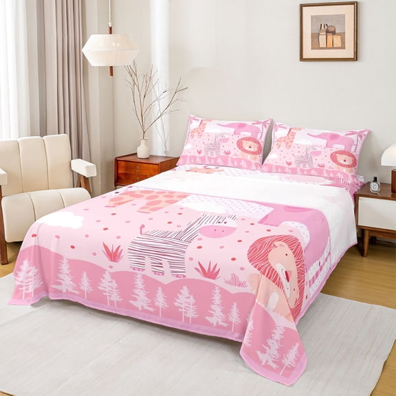 Erosebridal Pink Cartoon Animal Queen Sheet Sets, Lion Giraffa Bed Set, 4-Piece