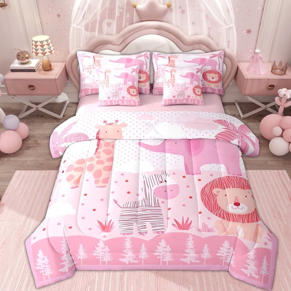 Erosebridal Pink Cartoon Animal Twin Bedding Sets 7-Piece, Lion Giraffa Bedding Comforter Set