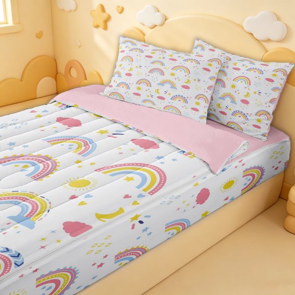 Erosebridal Pink Cartoon Rainbow Zipper Twin Comforter Sets with Fitted Sheet and 2 Pillowcases for Girls, Cloud Stars Sky Print Zipper Bedding Set, Pink Reversible, 4pcs
