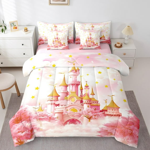 Erosebridal Pink Castle Bedding Queen Size, Dreamy Princess Bedding Sets Queen Size, Cherry Blossoms Reversible Bed Set, Ultra Soft Room Decor, 7 Pieces