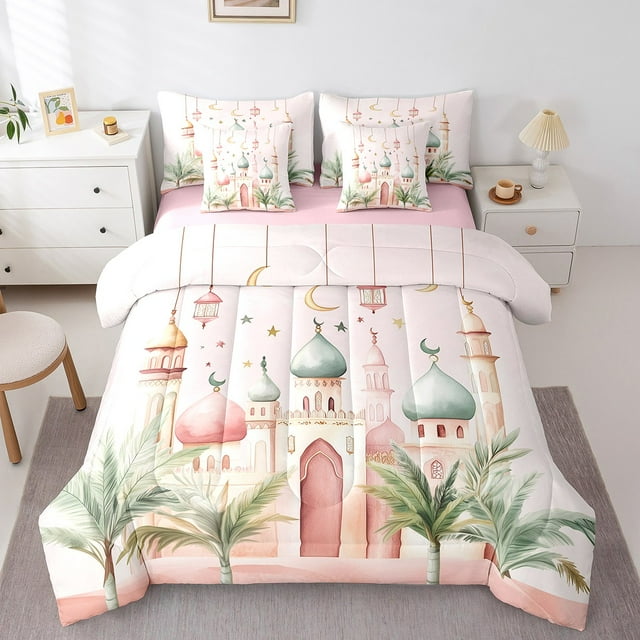 Erosebridal Pink Castle Bedding Sets Twin Size, Dreamy Fairy Tale Comforter Sets with Sheets, Princess Style Decor, Reversible