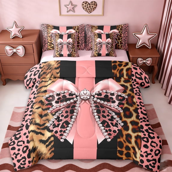 Erosebridal Pink Cheetah Bowknot 7 Pieces Bedding Comforter Set,Africa Leopard Pattern Full Bedding Set For Women,Reversible pink