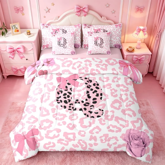 Erosebridal Pink Cheetah Pattern 7pcs Bedding Comforter Set For Bowknot Girls,Chic Leopard Letter Q Initial Print Queen Bedding Sets,Pink Reversible