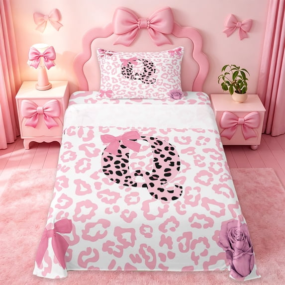 Erosebridal Pink Cheetah Pattern Twin Sheet Sets For Bowknot Girls,Chic Leopard Letter Q Initial Print Bedding 3-Piece
