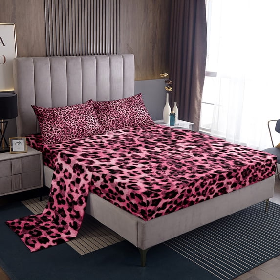 Erosebridal Pink Cheetah Print Bed Sheets Set King Size, Fashion Leopard Bedding King Size, Wildlife Animal Sheet Set King, Microfiber Bedroom Decoration, 4pcs