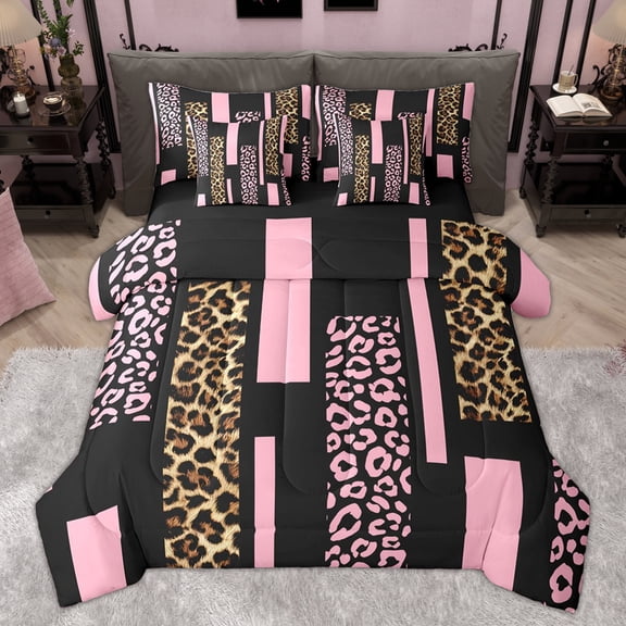 Erosebridal Pink Cheetah Print Bedding Comforter Set for Kids, Leopard Animal Queen Bedding Sets, Black Reverisble, 7pcs