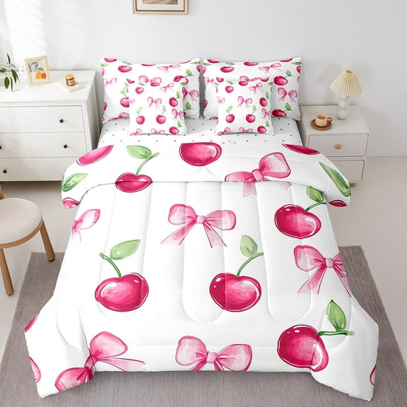 Erosebridal Pink Cherry Bedding Sets Twin Size, Girly Princess Bowknot Comforter Sets with Sheets, Reversible 7pcs