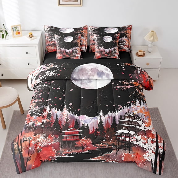 Erosebridal Pink Cherry Blossoms Bedding Sets Queen Size, Japanese Exotic Style Comforter Sets with Sheets, Reversible 7 Pieces