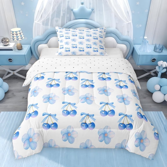 Erosebridal Pink Cherry Blossoms Twin Comforter Sets for Kids Girls, Kawaii Cherry Bow Bedding Set, White Blue, Reversible 2 Pieces, 1 Comforter and 1 Pillowcase