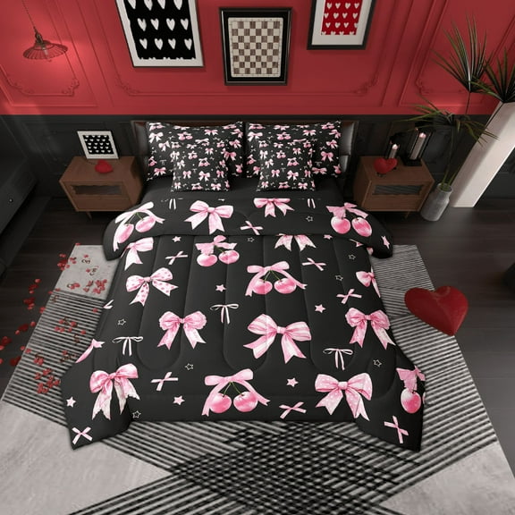 Erosebridal Pink Cherry Bow Bedding King Size, Stars Bowknot Comforter Sets with Sheets, Black Pink Room Decor, Reversible 7-Piece