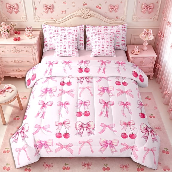 Erosebridal Pink Cherry Bow Girls Queen Bed In A Bag Comforter Set 7 Piece,Cute Silk Ribbon Bowknot Bedding Set,Princess Bow Tie Comforter and Sheet Set,Girly Light Pink Kids Bow Comforter Set