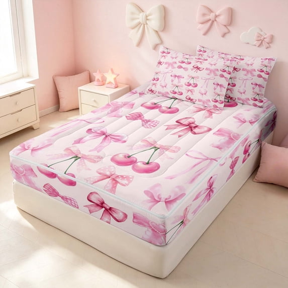 Erosebridal Pink Cherry Bowtie Zipper Twin Comforter Sets with Fitted Sheet and 2 Pillowcases for Girls, Princess Style Zipper Bedding Set, Pink Reversible