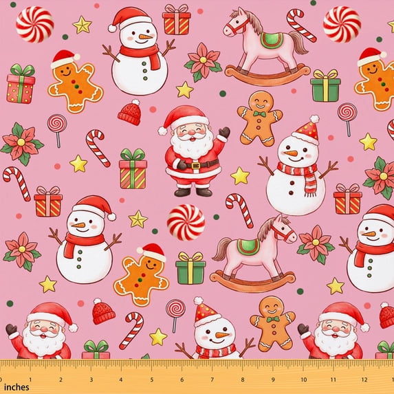 Erosebridal Pink Christmas Santa Fabric by the Yard 10 Yards, Snowman Gingerbread Home Decor Fabric by the Yard