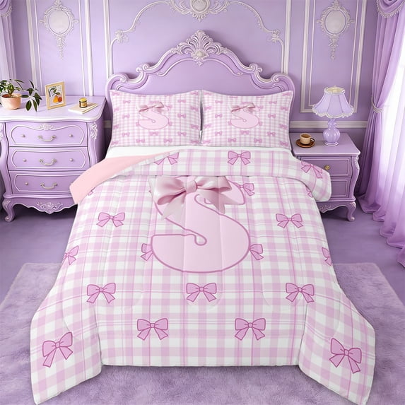 Erosebridal Pink Classic Checkered Queen Comforter Set For Kids,Letter S Initial Lettering Bedding Comforter Set For Bow Lover,Pink Reversible,3 Pieces