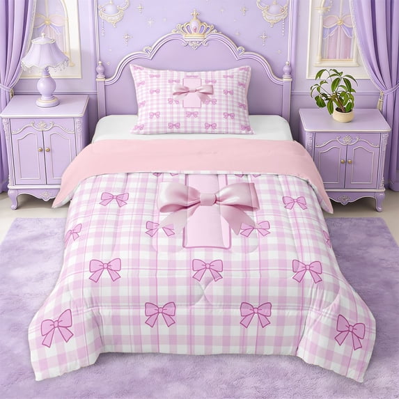 Erosebridal Pink Classic Checkered Twin Comforter Sets For Kids,Kawaii Letter I Initial Lettering Bedding Set For Bow Lover,Pink Reversible,2 Pieces