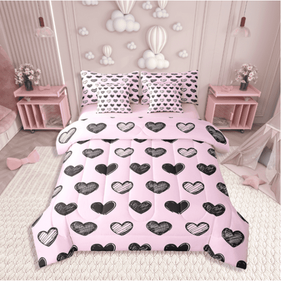 Erosebridal Pink Comforter Set 7 Piece Twin Size,Love Heart Pattern Bed in a Bag Kawaii Room Decor,Romantic Heart Shaped Sheet Set with Comforter,Graffiti Bed Sets