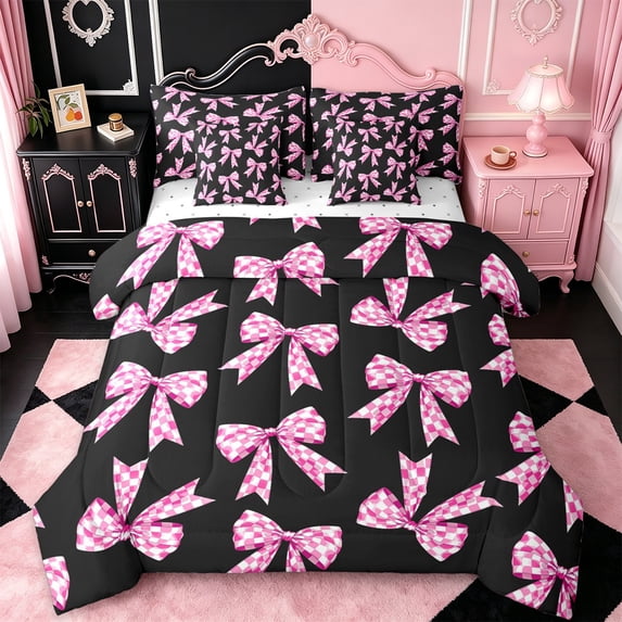 Erosebridal Pink Coquette Bow 7-Piece Bedding Comforter Set For Girls,Cartoon Plaid Print Bowknot King Bedding Sets For Kids,Reversible