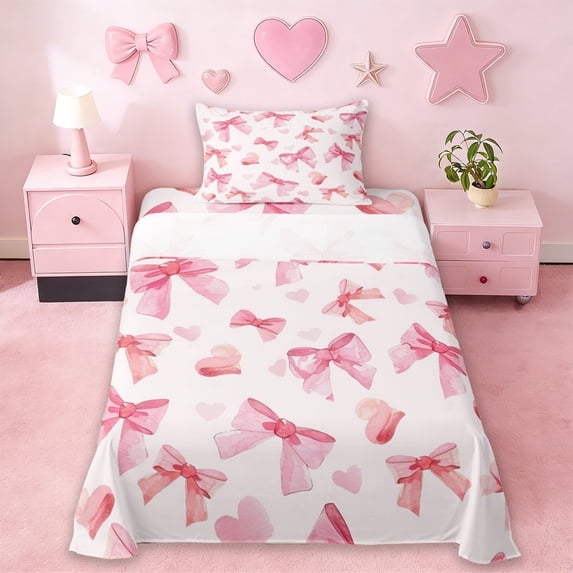 Erosebridal Pink Coquette Bowknot Girls Twin Sheet Sets,Kawaii Loves Pattern Bedding For Kids 3-Piece